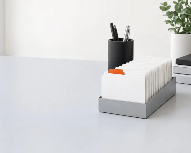 A box of white index cards on a grey desk, one with an orange tab.