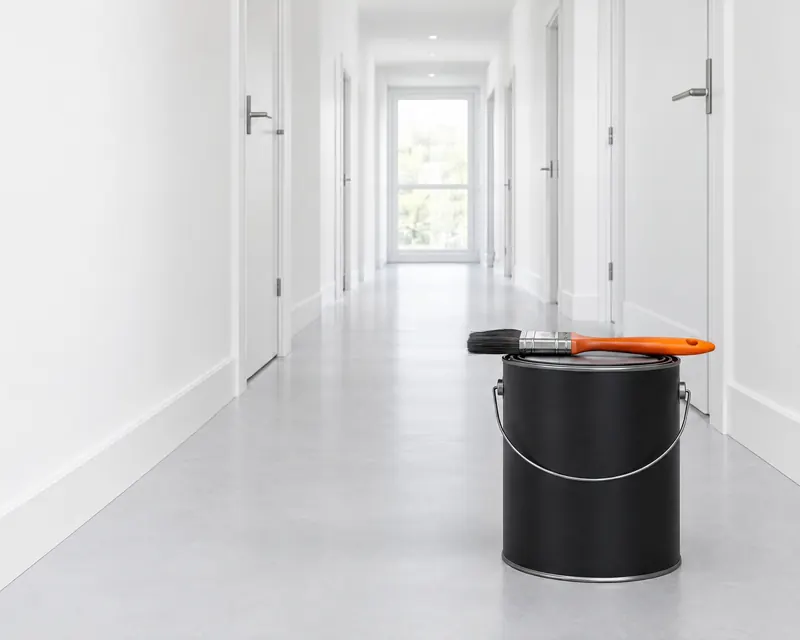 A long white hallway with evenly painted walls, a closed black paint tin on the floor and a paintbrush with an orange handle laid across its lid.