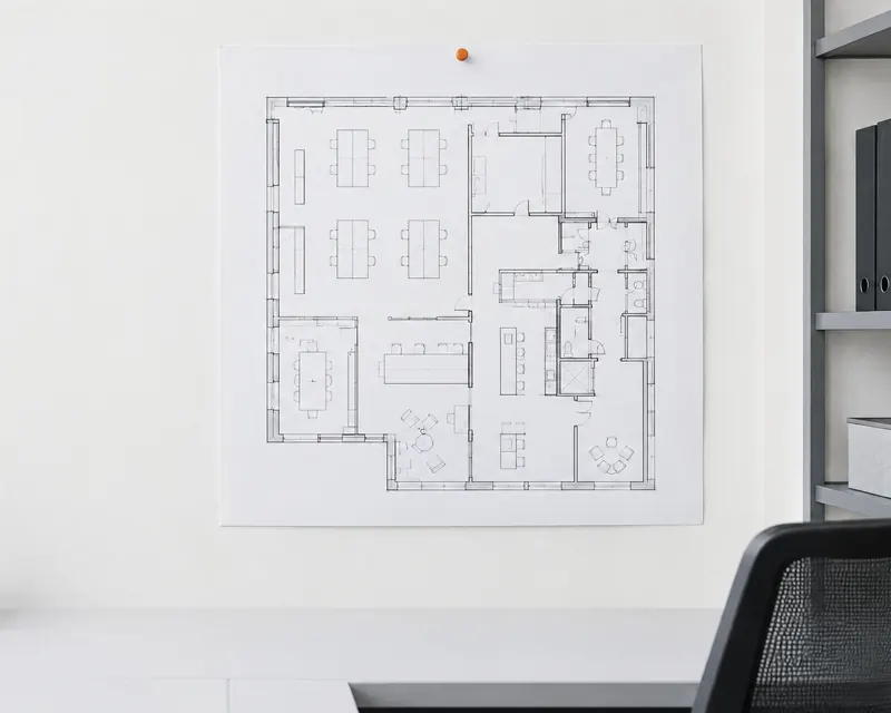An operations floor plan pinned to a white wall with a single orange pushpin.