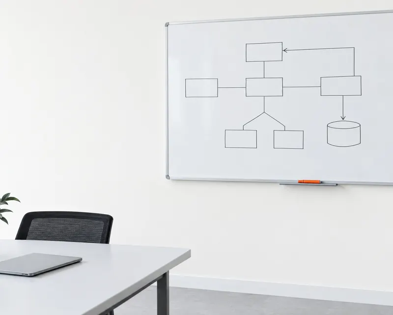A whiteboard with a hand-drawn diagram of boxes and lines, an orange marker capped in the tray.