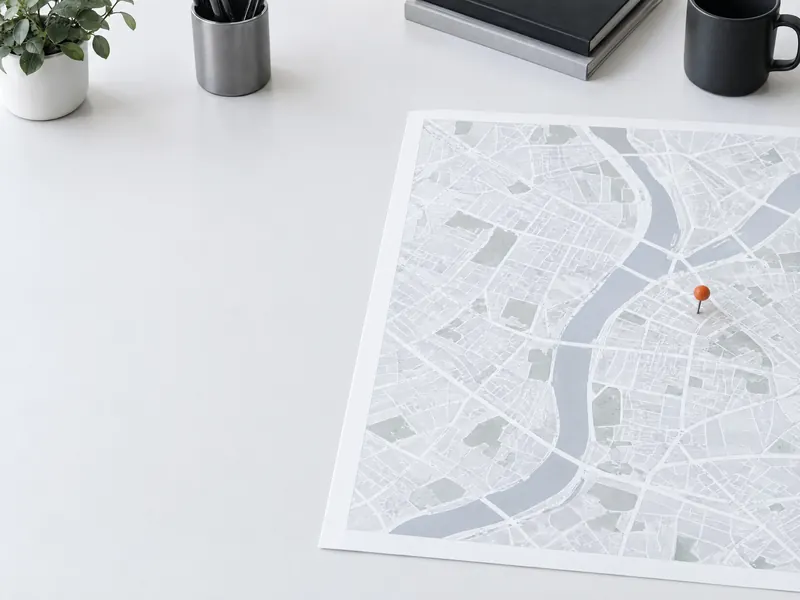 A printed street map on a pale table, marked with a single orange pin.